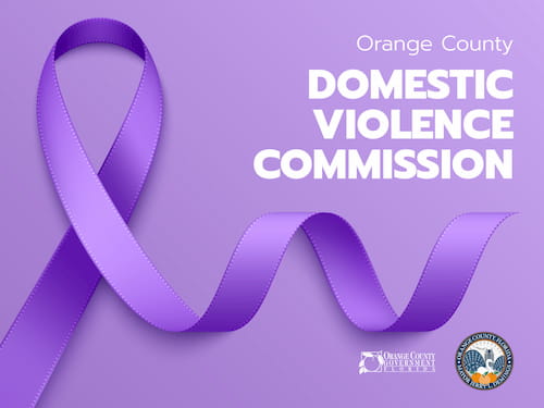 A purple ribbon, including the text 'Orange County Domestic Violence Commission'